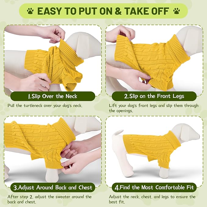 Small Dog Thermal Pullover Sweater, Classic Turtleneck Cable Knitwear Dog Clothes for Cold Weather Warm Pet Clothes for Chihuahua, Bulldog, Dachshund, Pug Yellow XX-Large