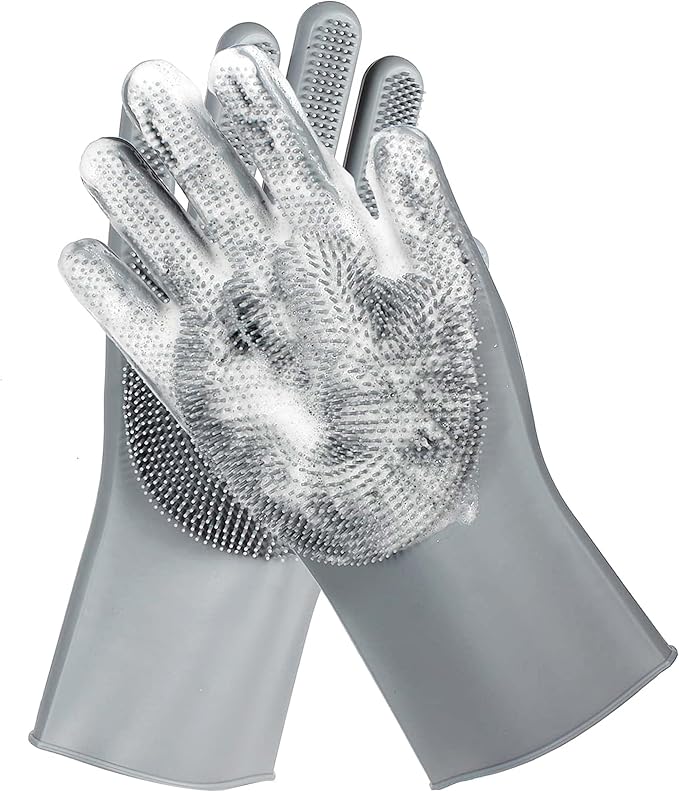 Pet Grooming Gloves，Heat-Resistant Silicone Gloves with High-Density Teeth for Enhanced Massaging and Bathing of Dogs and Cats (Gray, 1 Pair)