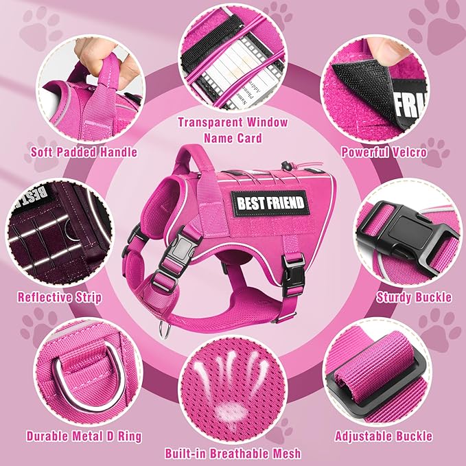Tactical Dog Harness Small Sized Dog,No Pull Military Dog Vest with Handle,Reflective Heavy Duty Pet Harness for Walking Hiking Training Hot Pink S