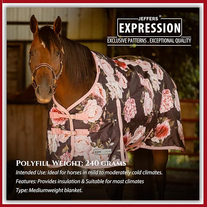Jeffers Expression 1200 Denier Standard Neck Turnout Blanket, Rose Garden, 69" - Waterproof, Breathable Horse Blanket 240 gram of Polyfill, Ideal Protection for Winter, Medium Weight