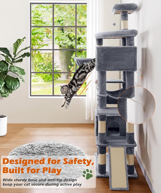 AMHANCIBLE Heavy Duty Cat Tree for Indoor Cats Large Adult 20 lbs+, 83 Inch Multi-Level Tall Cat Tower with Scratching Post and Board, Hammock, Condos, Hanging Basket, Grey, PT21GY