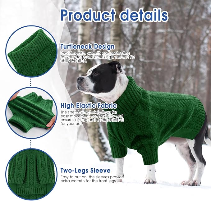 Queenmore Dog Sweater Large Size Dog, Large Dogs Sweater Xmas,Turtleneck Pullover Doggy Sweaters for Dogs Girls Boys,Sweater Pet L,Thanksgiving Knitted Pet Sweater for French Bulldog(Green,L)