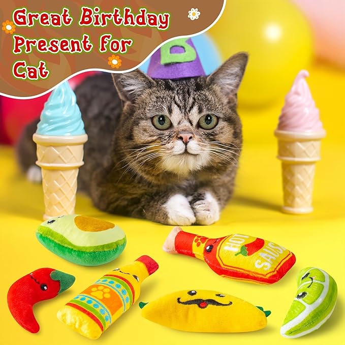 L1rabe Mexican Catnip Stuffed Toys - Christmas 6Pcs Funny Cat Toys for Cat Lovers Gifts, Carnival Sause Avocado Winter Indoor Kitten Chew Bite Kick Interactive Pet Supplies Kitten Xmas Birthday Gifts