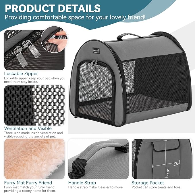 PETSFIT Soft Dog Crate, Dog Crate Travel - 30 Inch Lightweight, Roomy, Easy to Set Up, Sturdy Portable Dog Kennel with Thick Mat, Grey