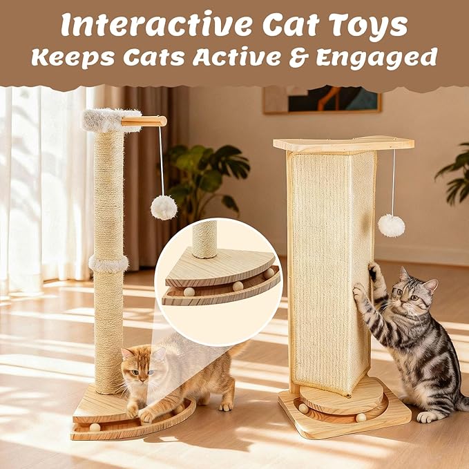 Cat Corner Scratcher with Interactive Ball Toys for Indoor Cats, Sisal Cat Scratching Post with Danging Ball for Wall Corners Furniture Protector 28''