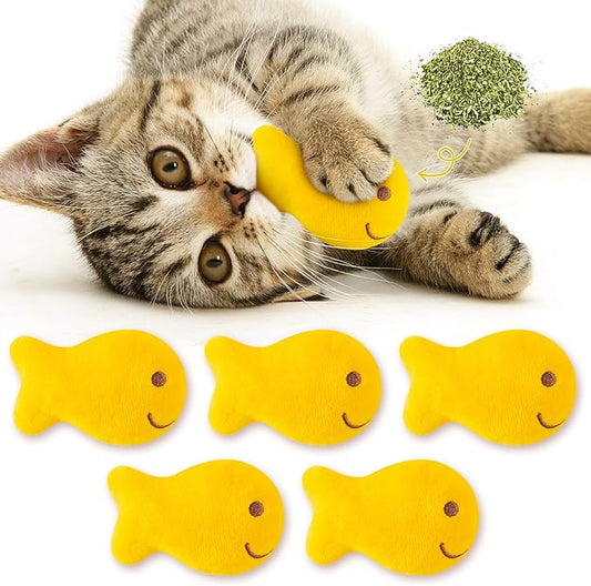 L1rabe Goldfish Cracker Catnip Stuffed Toys - Christmas Winter Gifts 5Pcs Goldfish Organic Cat Toys Funny Yellow Indoor Cats Chew Bite Teething Tools Kittens Birthday Gifts Interactive Pet Supplies