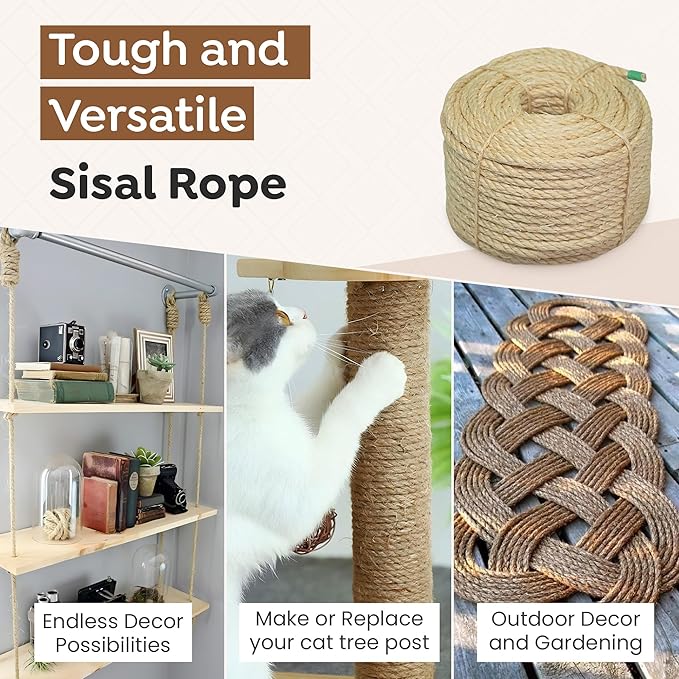 Premium Brazilian Sisal Rope, Natural Fiber 100% Sisal, Ultra Durable, Chemical-Free, Ideal for DIY, Cats, Scratching Post Replacement, Home Decor, Garden, Crafting (5/16” 100 ft / 8mm 30m)