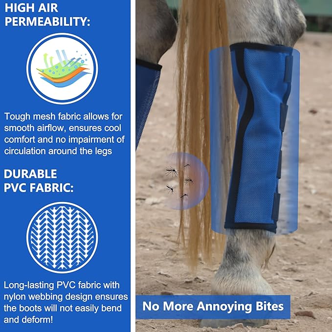 Horse Fly Boots Set of 4 - Non-Slip Leg Guards Extra Tough Mesh Ventilated, Adjustable Horse Fly Leggings Reduce Stomping & Hoof Stress & Leg Fatigue RoyalBlue Medium