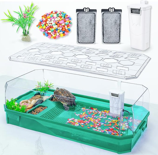 Turtle cage Tortoise Terrarium with Pump＆Filter with Shower Function Easy to Change Water and Clean Water for Turtle Horned Frog Hermit Crab Green, L