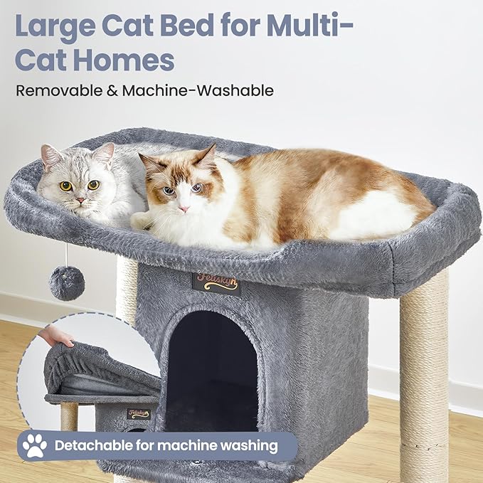 Small Cat Tree Tower for Indoor Large Cats, Cat Scratching Post with Big Perch Bed, 28in Tall Trees House with Condo Cave, Toy Balls, Modern Climbing Furniture Big Platform for Kitten (Dark Gray)