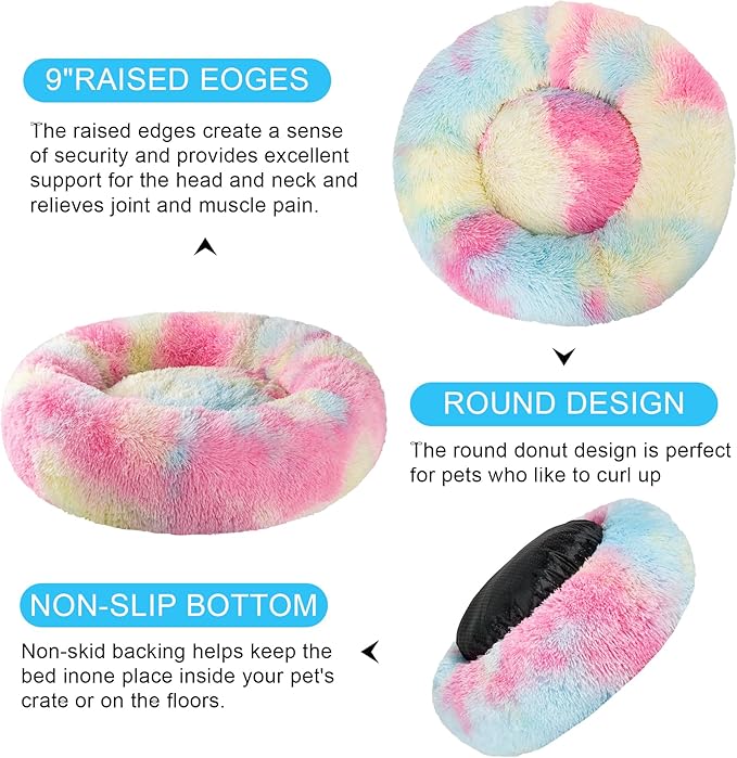 Dog Calming Beds for Small Medium Large Dogs - Round Donut Washable Puppy Dog Bed, Anti-Slip Faux Fur Fluffy Donut Cuddle Anxiety Cat Pet Bed(36'' Color)
