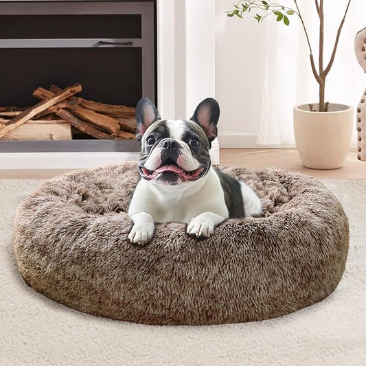 JOLLYVOGUE Calming Dog & Cat Bed for Small Dogs, Anti-Anxiety Donut Cuddler Cozy Soft Round Bed with Anti-Slip Bottom, Fluffy Faux Fur Plush Cushion Beds for Small Medium Dogs, 23"/Smoke Brown
