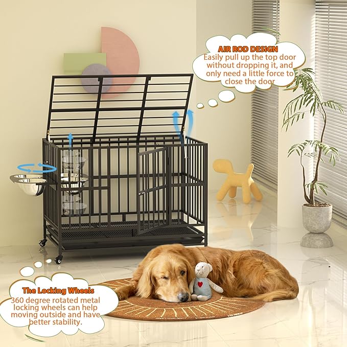 LOVMOR 48" Heavy-Duty Dog Crate with Wheels, Air-Lift Top, Dual 360° Adjustable Bowls ??Ideal for Large Dogs