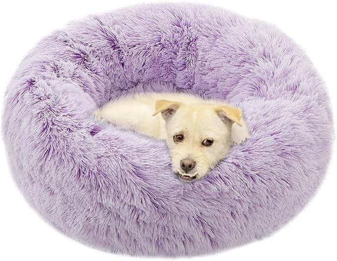 Dog Bed Large, Soft Round Cuddler Dog Beds Fluffy Plush Faux Fur Pet Beds, Anit-Anxiety Self-Warming Comfy (28", Purple)