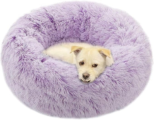 Dog Bed Large, Soft Round Cuddler Dog Beds Fluffy Plush Faux Fur Pet Beds, Anit-Anxiety Self-Warming Comfy (28", Purple)