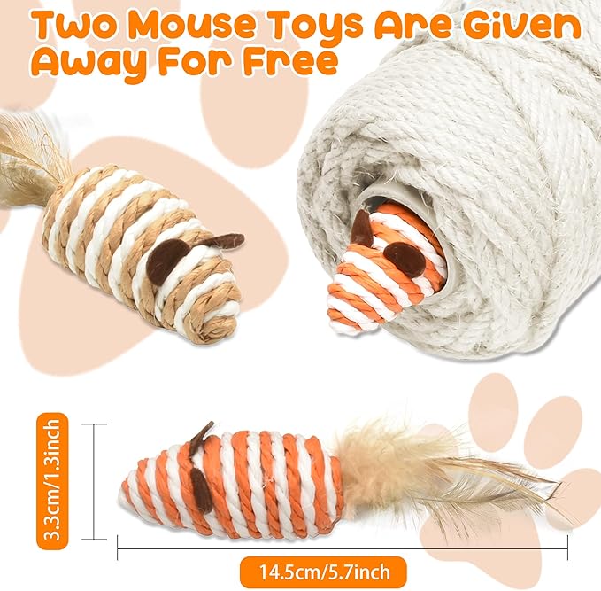 328FT/100M Cat Scratching Sisal Rope, 6mm Thick Natural Jute Rope for Scratch Posts, Cat Trees, DIY Projects, Sisal Rope for Cat Scratcher with 2 Cat Mouse Toys (White, 328ft)