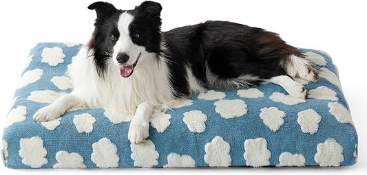 LE SURE Cute Dog Bed Large Sized Dogs-Thick Shredded Chopped Foam Pet Bed Indoor with Removable Washable Cover, Modern Fuzzy Plush & Anti Slip Bottom, Blue