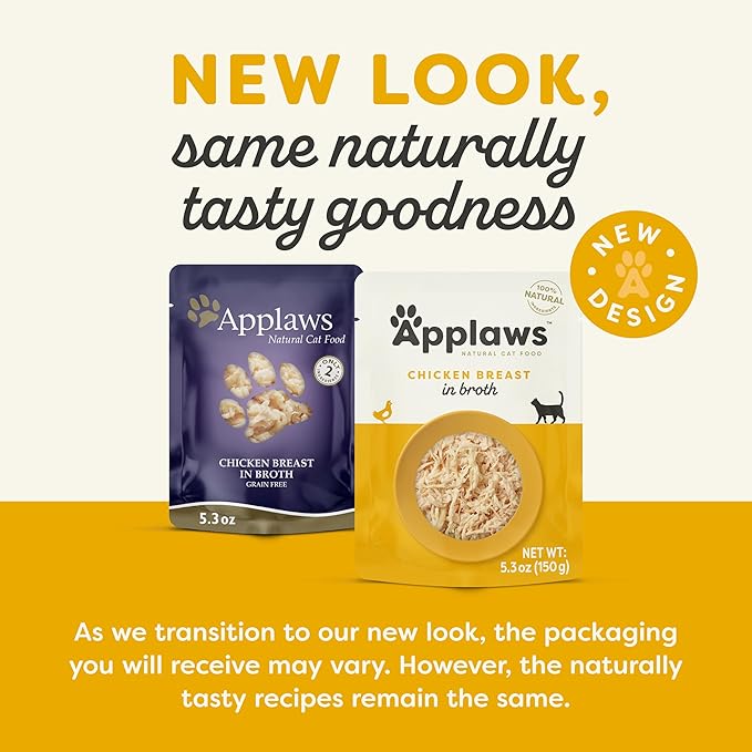 Applaws Natural Wet Cat Food in Broth, Limited and Natural Ingredients, High Protein with No Artificial Additives, Chicken Breast in Broth (12 x 5.3oz Pouches)