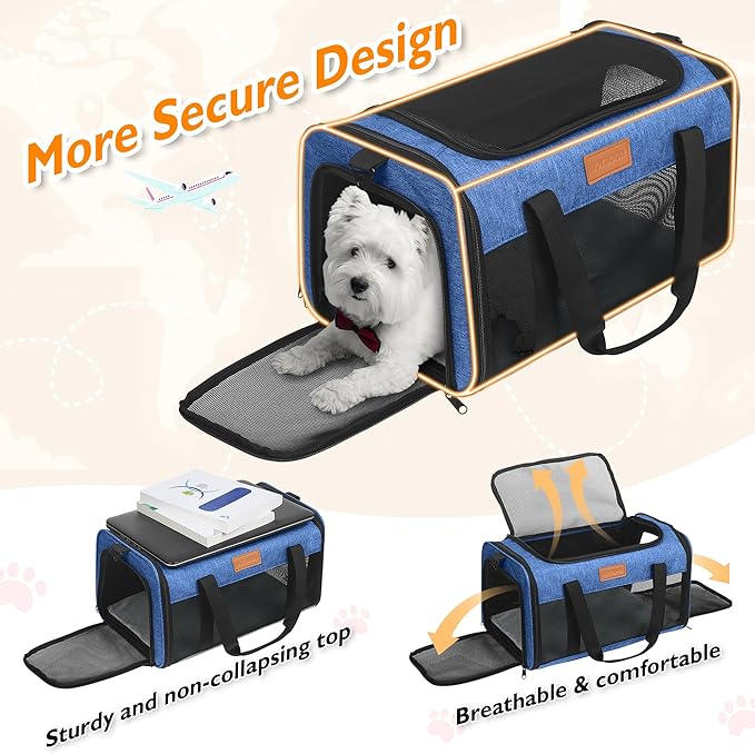 PETUX TSA Approved Pet Carrier in Cabin - 17"x11"x9.5", Underseat, Soft Sided Cat Carriers with Safety Zippers and Anti-Scratch Mesh for Small Cat up to 12 lb, Ideal for Travel and Vet Visit, Blue