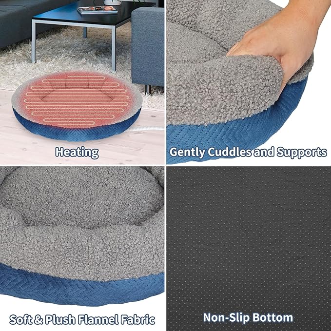 Heated Cat Beds for Indoor Cats Warming Cat Beds Super Soft Machine Washable Thermo Kitty Electric Heating Bed 19 Inches Round