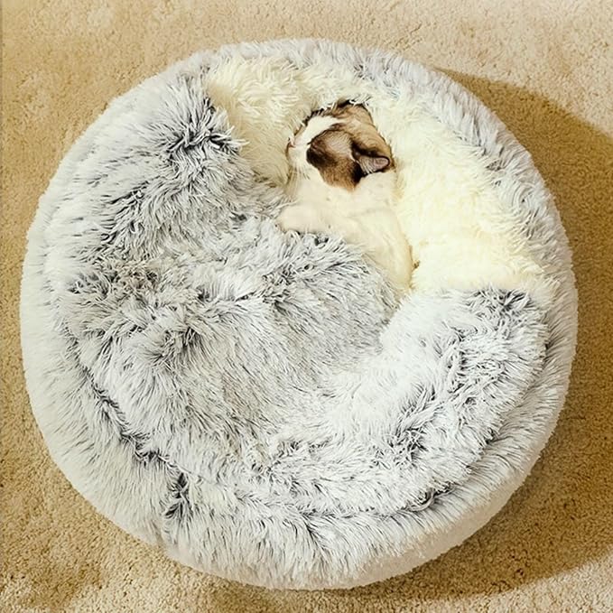 Plush Fluffy Dog and Cats Round Bed – Ultra-Soft Faux Fur Pet Shell Nest with Raised Bolster Edge, Self-Warming Calming Nest for Small to Large Pets (Pink, Medium（20“）)