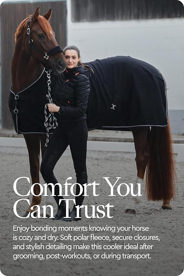 HORZE Kiel Fleece Horse Cooler Blanket | Quick-Dry Fleece Horse Cooler Sheet with X-Surcingles & Tail Cord - Black - 72 in