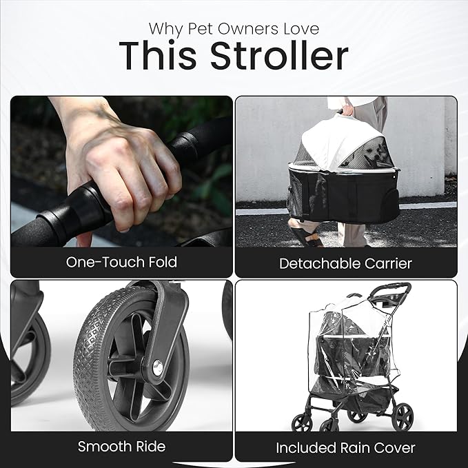 3-in-1 Foldable Pet Stroller for Dogs and Cats up to 33lbs Capacity – Premium Dog Stroller with Removable Carrier Storage Basket, All-Terrain Wheels, Sun Shades and Car Seat