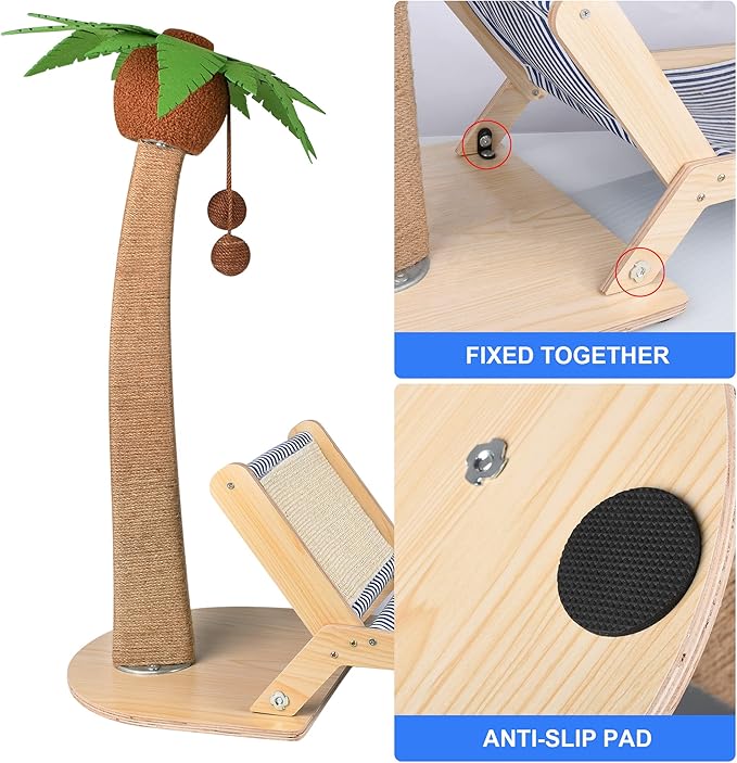 Cat Scratch Post with Lounge 2 in 1, 29.5 Inch Tall Palm Tree Cat Scratching Post for Indoor Cats, Sisal Rope Scratching Posts with Beach Chair for Cat Kitten Play and Rest