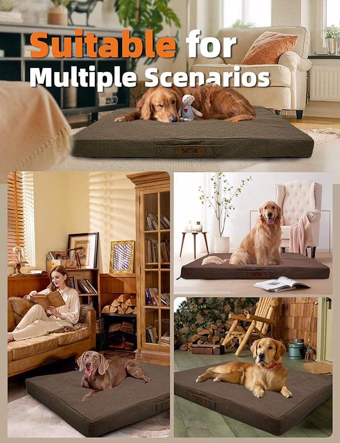 Sytopia 50 Inch Chew Proof Dog Crate Bed - Orthopedic Waterproof Dog Bed for Extra Large Dogs, Removable Washable Cover, Egg Crate Foam Mat, Suitable for Dogs Up to 130 lbs, Brown