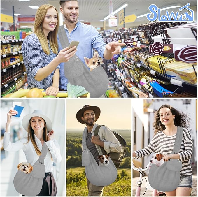 SlowTon Dog Carrier Sling - Thick Padded Shoulder Strap Adjustable Dog Carriers for Small Dogs, Puppy Carrier Purse for Pet Cat with Front Zipper Pocket Safety Belt Machine Washable (Light Gray, M)