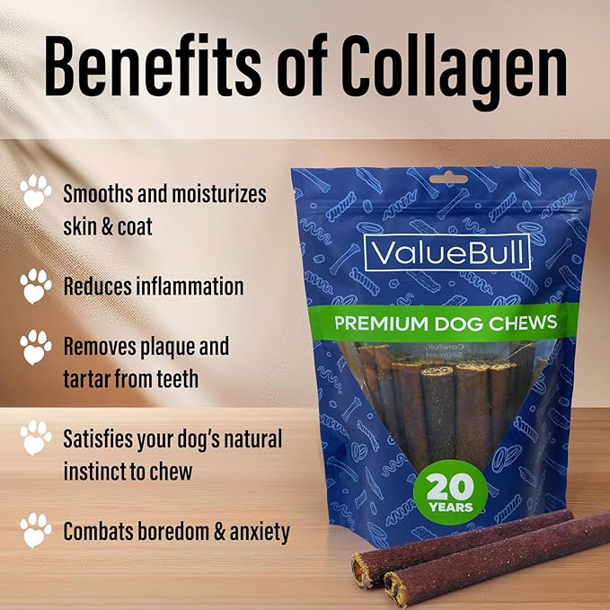 ValueBull Collagen Sticks for Dogs, 6 Inch Jumbo Chews, Natural Long-Lasting Dog Treats, 25 Count - Supports Joints, Skin & Coat with Chondroitin & Glucosamine