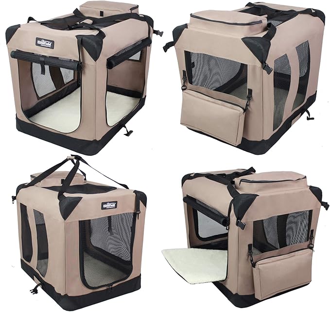 EliteField 3-Door Folding Soft Dog Crate with Carrying Bag and Fleece Bed (2 Year Warranty), Indoor & Outdoor Pet Home (20" L x 14" W x 14" H, Khaki)