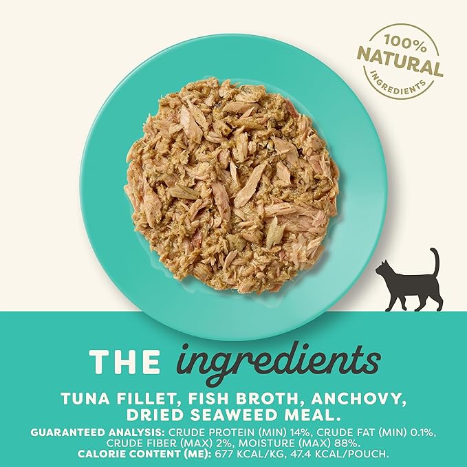 Applaws Natural Wet Cat Food in Broth, Limited and Natural Ingredients, High Protein with No Artificial Additives, Tuna Fillet, Anchovy & Seaweed in Broth (12 x 2.47oz Pouches)