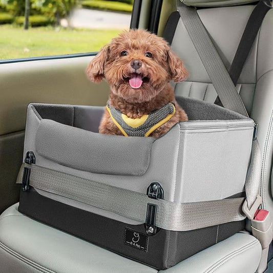 A4Pet Dog Car Seats for Small Dogs, Booster Car Seat with Patent Buckles & Clip-On Safety Leash, Pet Seat for Puppy Small Dogs Cats Under 25 Lbs, Grey