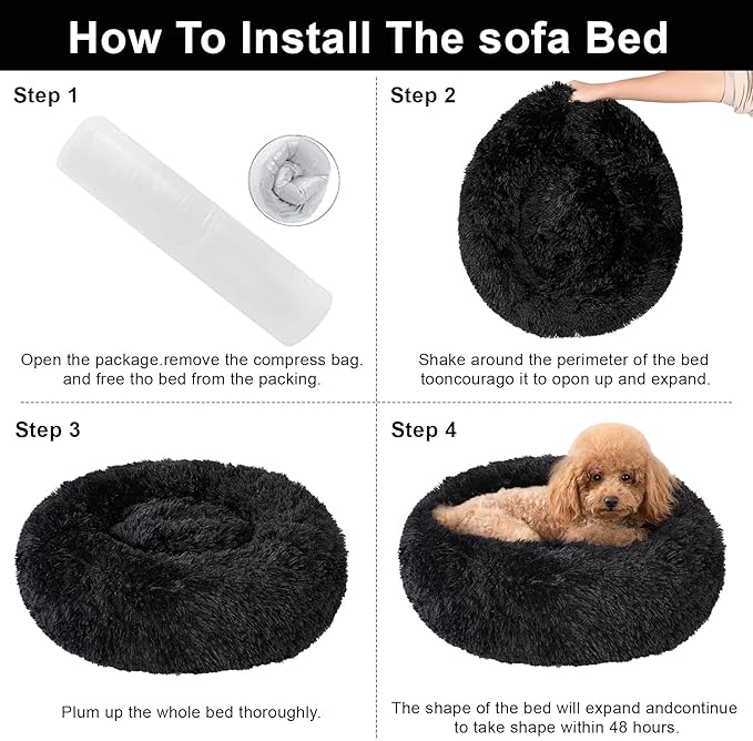 Dog Calming Beds for Medium Large Dogs - Round Donut Washable Puppy Dog Bed, Anti-Slip Faux Fur Fluffy Donut Cuddle Anxiety Cat Pet Bed(28'' Black)