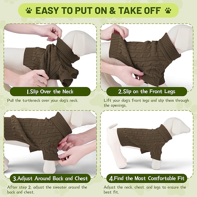 Small Dog Thermal Pullover Sweater, Classic Turtleneck Cable Knitwear Dog Clothes for Cold Weather Warm Pet Clothes for Chihuahua, Bulldog, Dachshund, Pug Tan Small