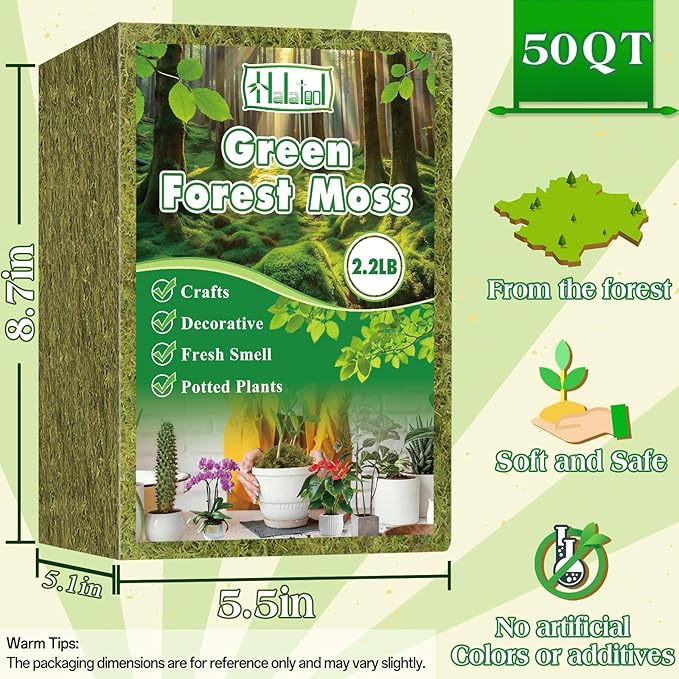 Halatool 2.2LBS Forest Green Moss for Indoor Potted Plants, Orchid Potting Mix, Indoor Potting Plant Moss for Repotting Terrariums Garden Reptiles