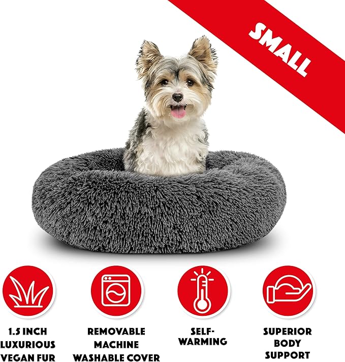 The Dog’s Bed Sound Sleep Donut Dog Bed, Small Steel Grey Fur Calming Nest Bed