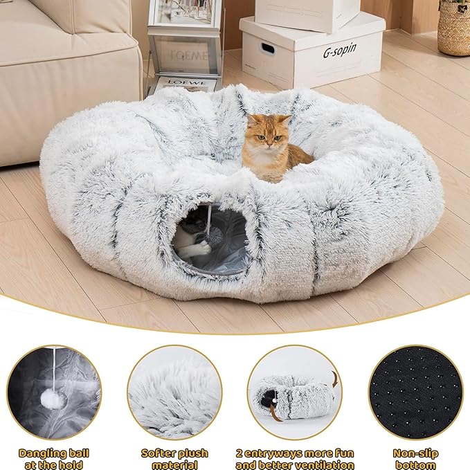 CLKHOWL Cat Tunnel Bed for Indoor Cats - Cute Cat Donut Tunnel with Washable Circle Cushion, Round Pet Play Toy for Kitten/Puppy/Rabbit, Grey