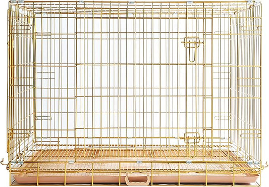 HOMEY PET Copper Gold Dog Crate 42 Inch, Portable Folding Metal Wire Dog Kennel Pet Dog Cage with Removable Floor Grid, Pull-Out Tray, Double Doors, Handle for Large Dogs, Indoor Outdoor