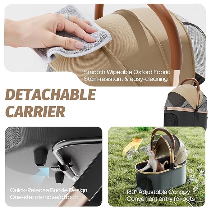 Pet Stroller with 4 Wheels, Dog Stroller with Detachable Carrier, One-Click Folding Pet Travel Carrier for Small, Medium Dogs Cats up to 50lbs, 3 in 1 Multifunctional (Khaki)