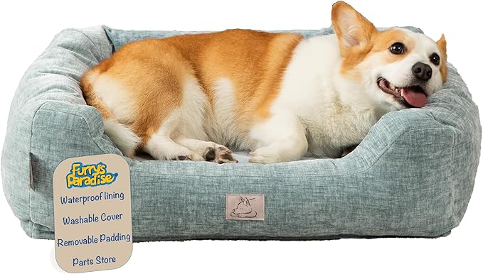 Furry's Paradise Cuddler Waterproof Bolster Pet Bed with Recycled Fibers and Non-Slip Bottom. (Shallow Seas, Small)