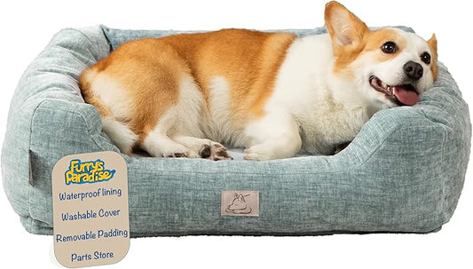 Furry's Paradise Cuddler Waterproof Bolster Pet Bed with Recycled Fibers and Non-Slip Bottom. (Shallow Seas, Medium)
