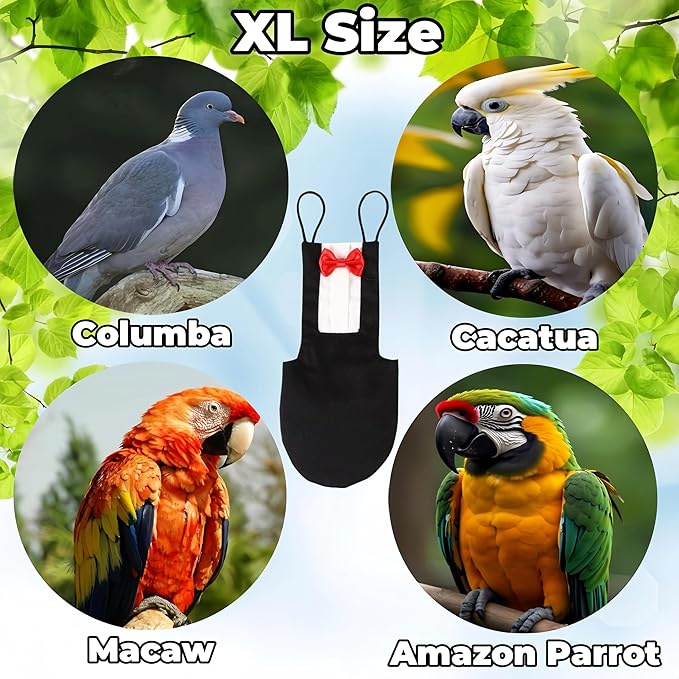 Bird Diapers Bird Harness Tuxedo Flight Suits with 80in Flying Leash Parrot Nappy with Waterproof Inner Layer Urine Wet Suite for Cockatiel Conure Parakeet Macaw Budgie-Black,XL