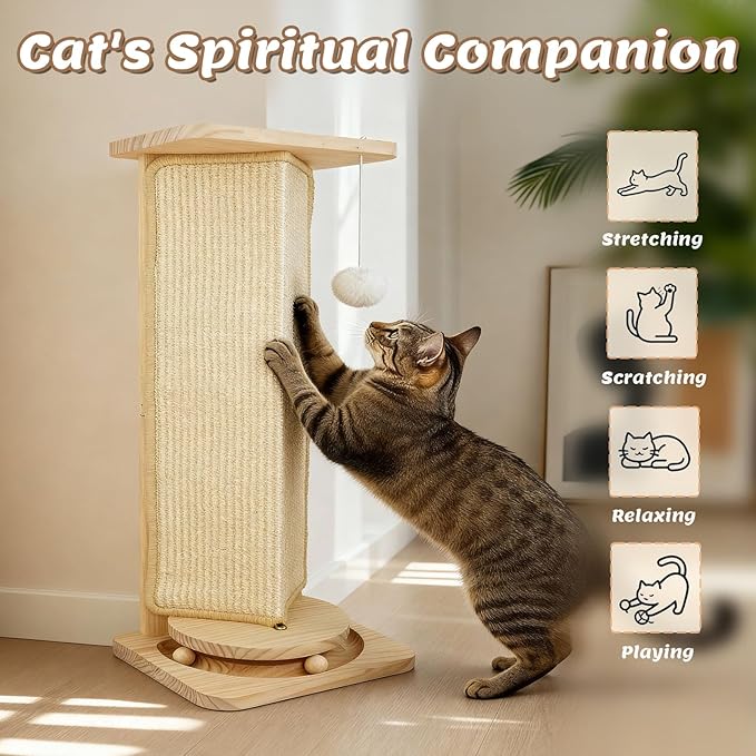 Cat Corner Scratcher with Interactive Ball Toys for Indoor Cats, Sisal Cat Scratching Post with Danging Ball for Wall Corners Furniture Protector 28''