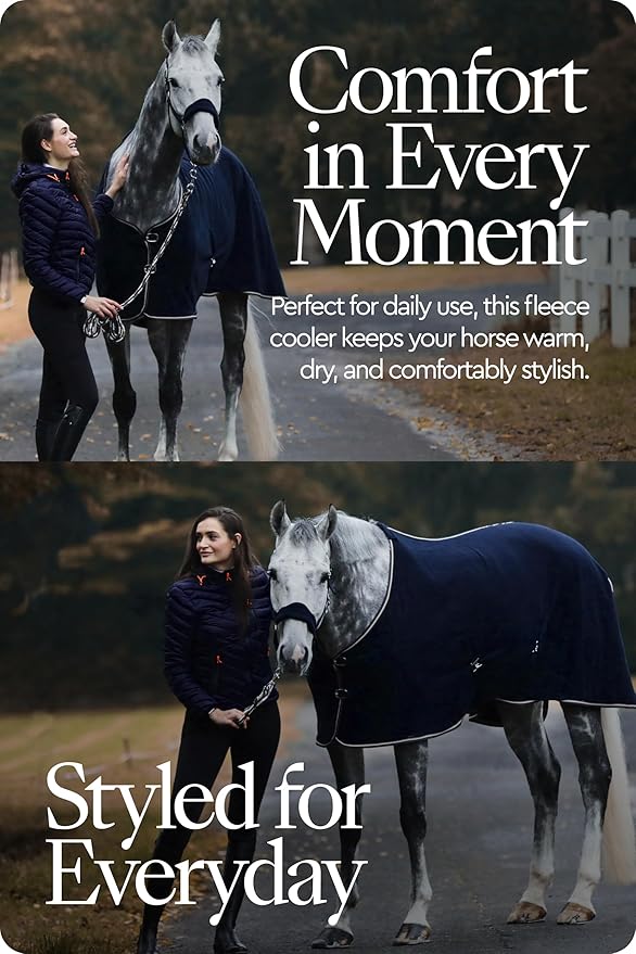 HORZE Kiel Fleece Horse Cooler Blanket | Quick-Dry Fleece Horse Cooler Sheet with X-Surcingles & Tail Cord - Dark Navy - 84 in