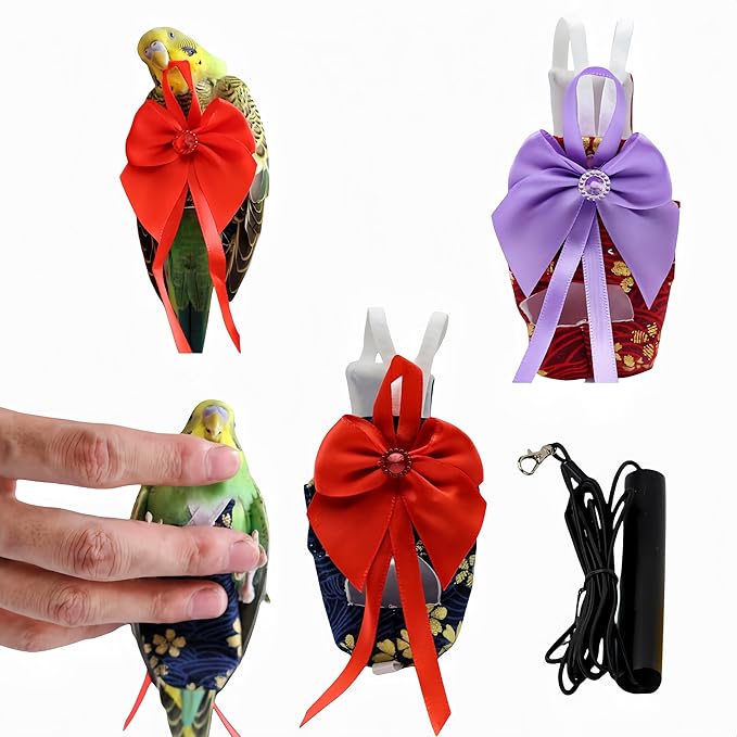 2Pcs Bird Diapers Bird Harness Flight Suits Diapers with 80in Flying Leash Parrot Nappy with Waterproof Inner Layer for Cockatiel Budgie Conure Parakeet Lovebird-Red&Dark Blue Sakura