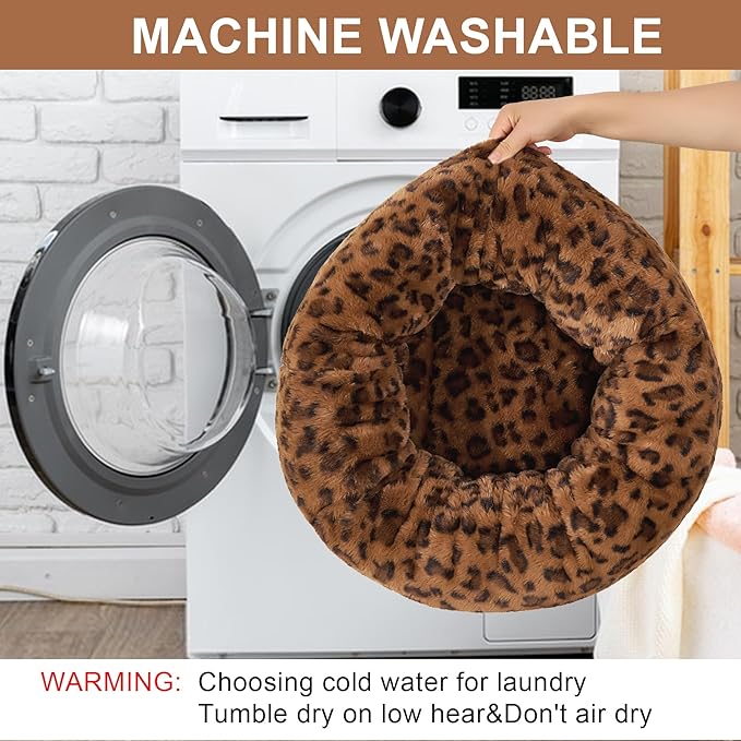 Dog Calming Beds for Small Medium Large Dogs - Round Donut Washable Puppy Dog Bed, Anti-Slip Faux Fur Fluffy Donut Cuddle Anxiety Cat Pet Bed (36" Leopard Print)