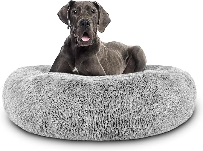 The Dog’s Bed Sound Sleep Donut Dog Bed, XXL Silver Grey Fur Calming Nest Bed Removable Cover