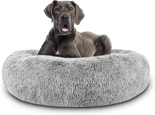 The Dog’s Bed Sound Sleep Donut Dog Bed, XXL Silver Grey Fur Calming Nest Bed Removable Cover